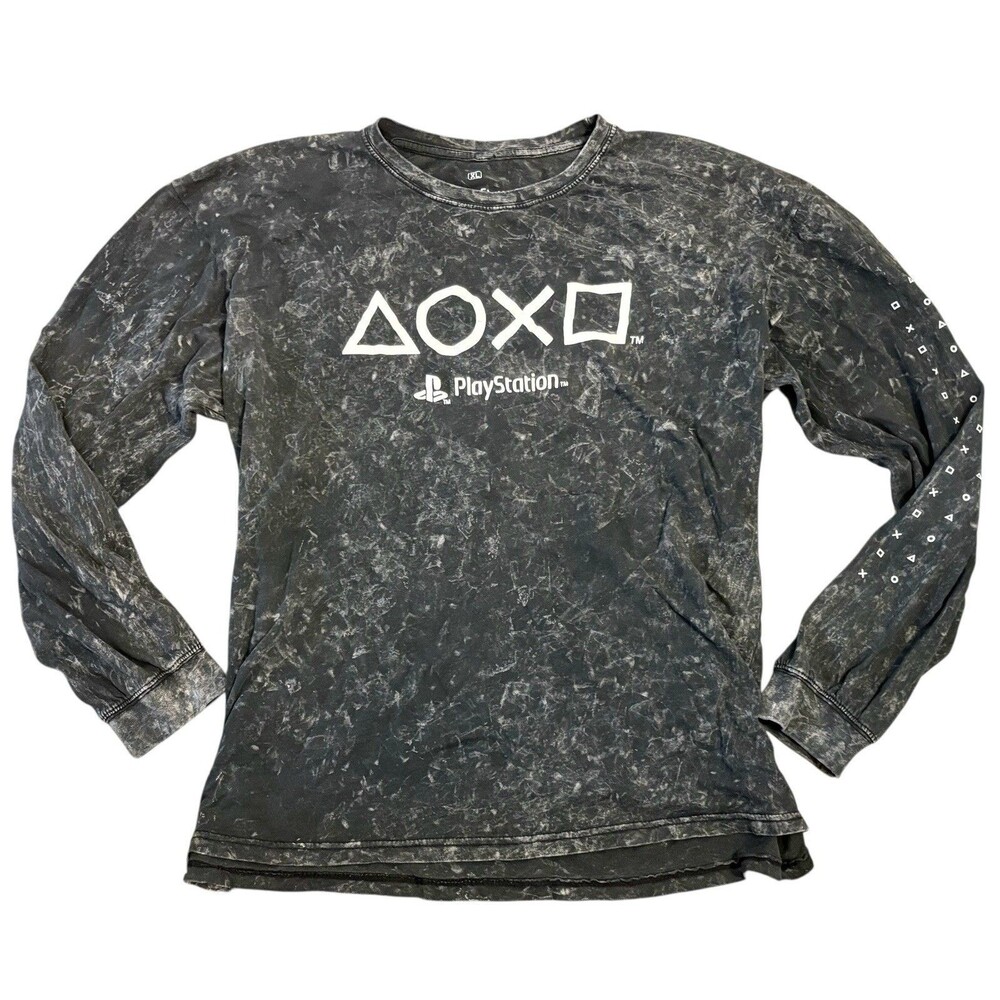 PlayStation Men's T-Shirt Long Sleeve White Wash Video Game Console Black XL